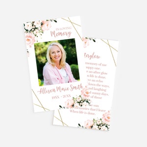 May include: Two memorial cards with a photo of a smiling woman, floral accents, and gold geometric lines. The cards include the text "In Loving Memory," the name "Allison Marie Smith," and a poem.