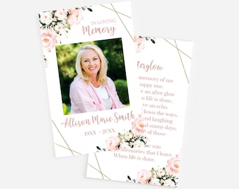 PRINTED + SHIPPED Funeral Memorial Prayer Cards Photo Personalized Celebration of Life Bereavement Comfort Remembrance Sympathy Pink Blush