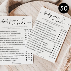 PRINTED + SHIPPED: 50 Baby Shower Over Under Fun Game Activity Gender Neutral Boy Girl Mommy or Daddy Minimalist Script Heavy Cardstock B8