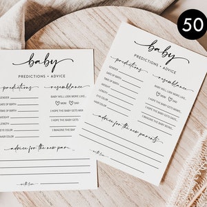 May include: A printable baby shower game with 50 blank prediction cards. The cards have sections for predictions about the baby's gender, date of birth, time of birth, weight, length, eye color, hair color, and resemblance to mom or dad. The cards also have a section for advice for the new parents.