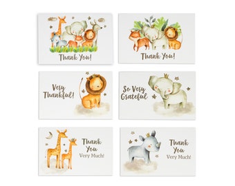 36 Safari Thank You Cards, Envelopes & Stickers, Kids, Baby Shower, Jungle Greenery Gold 4x6 Zoo Animal Giraffe Girl Boy Children Birthday