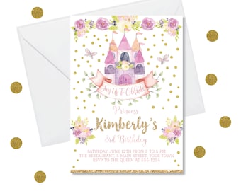 DIY Editable Invitation - Princess Birthday Invitations, Castle Girl Birthday Party Invites | Gold Dots Template, Printable