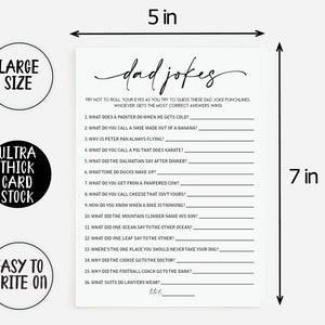 May include: A printable game card with the title "dad jokes" and 16 fill-in-the-blank jokes. The card is 7 inches tall and 5 inches wide.