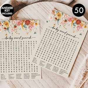 Op de afbeelding: Een printbaar baby-woordzoekspel met een bloemenontwerp. Het spel bevat 50 woordzoekopdrachten met een lijst van babygerelateerde woorden om te vinden. De woorden omvatten: pasgeborene, borstvoeding, wieg, kinderwagen, zwangerschap, grootouders, baby, fles, pop, slofjes, rammelaar, flesvoeding, luier, episiotomie, box en papa.