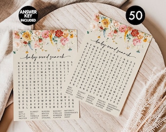 PRINTED + SHIPPED: 50 Baby Word Search Game Cards, Wildflower, Fun Baby Shower Activity, Girl, Feminine, Floral, Heavy Card Stock R7