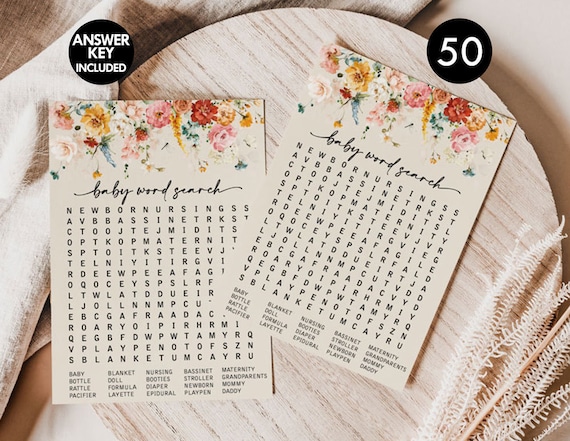 PRINTED + SHIPPED: 50 Baby Word Search Game Cards, Wildflower, Fun Baby Shower Activity, Girl, Feminine, Floral, Heavy Card Stock R7