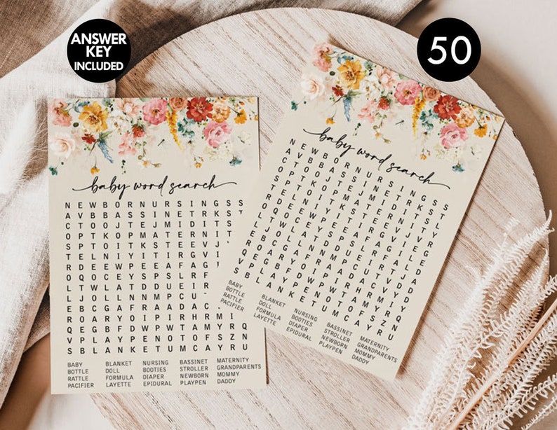 Op de afbeelding: Een printbaar baby-woordzoekspel met een bloemenontwerp. Het spel bevat 50 woordzoekopdrachten met een lijst van babygerelateerde woorden om te vinden. De woorden omvatten: pasgeborene, borstvoeding, wieg, kinderwagen, zwangerschap, grootouders, baby, fles, pop, slofjes, rammelaar, flesvoeding, luier, episiotomie, box en papa.