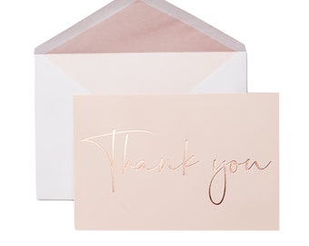 50 Deluxe Rose Gold Foil Letterpress Thank You Cards on Pink Blush with Color Interior Envelope and Rose Gold Foil Sealing Sticker Embossed