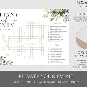 May include: A white wedding crossword puzzle with the names "Brittany and Henry" and the date "09.15.2029". The design includes floral accents and a dry erase foam board. The text reads "Elevate Your Event".