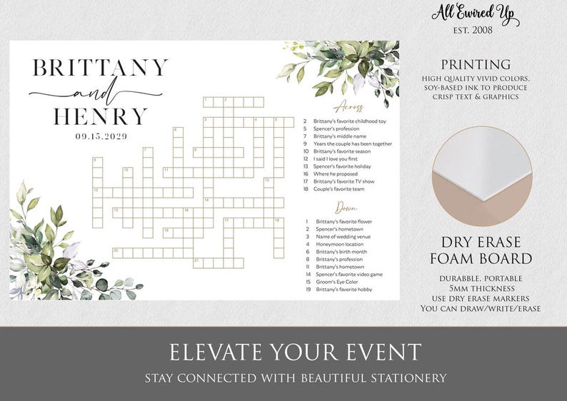 May include: A white wedding crossword puzzle with the names "Brittany and Henry" and the date "09.15.2029". The design includes floral accents and a dry erase foam board. The text reads "Elevate Your Event".