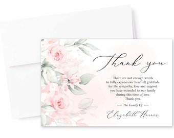 PRINTED + SHIPPED Personalized Funeral Thank You Cards & Envelopes Sympathy Acknowledgement Celebration of Life Pink Blush Floral Greenery