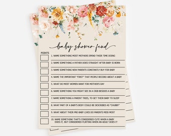 PRINTED + SHIPPED: 50 Baby Shower Family Feud Game Cards, Wildflower, Fun Baby Shower Activity, Girl, Feminine, Floral, Heavy Card Stock R7