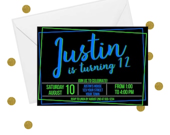 DIY Editable Boy Birthday Party Invitation Template - Geometric Invitation, Blue Green, All Ages