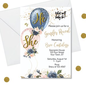 DIY Editable Balloon Gender Reveal Invitation Template - He or She Baby Shower Watercolor Invite,