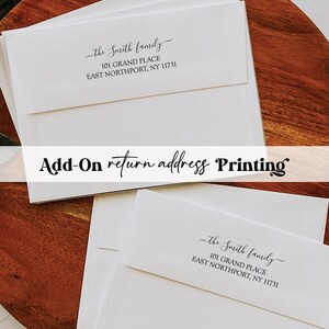 May include: A stack of white envelopes with a black return address printed on the front. The return address reads "the Smith family, 101 GRAND PLACE, EAST NORTHPORT, NY 11731". The text "Add-On return address Printing" is printed in black on a white banner.
