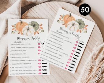 Pumpkin Baby Shower Game: Mommy or Daddy, Who Said It? (50 Printed Cards)