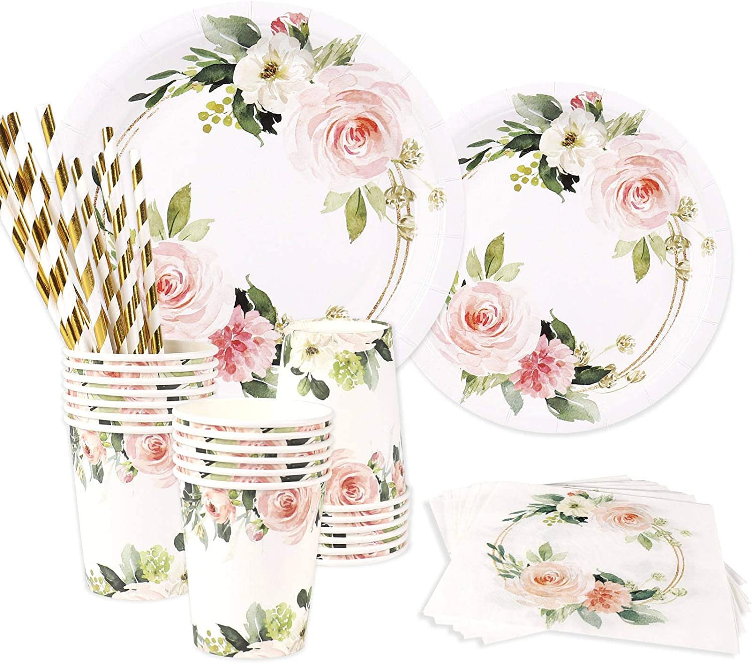 Floral Paper Plates 24 Guests Dinner Plates Dessert Plates Cups Gold Straws Napkins for Girl Baby Shower Birthday Party Any Event Etsy