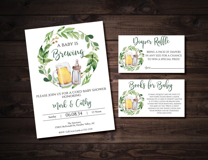 May include: A baby shower invitation with a green leafy wreath and a beer mug and baby bottle inside. The text reads "A Baby is Brewing" and includes the names "Mark & Cathy" and the date "06.08.34". There are also two cards for guests to bring diapers or a book for the baby.