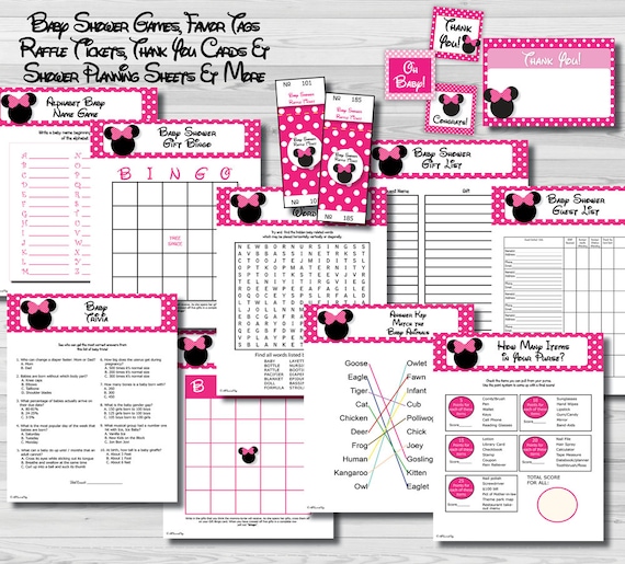 Large Minnie Mouse Girl Baby Shower Package Printable Supplies VALUE Game Pack Favor Tags Raffle Tickets Thank You Cards