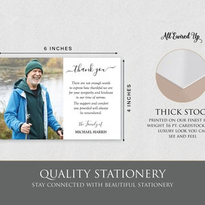 May include: A thank you card featuring a photograph of a man wearing a blue jacket and a black hat. The card is printed on thick cardstock and measures 15.24 cm by 10.16 cm. The text on the card reads "Thank you. There are not enough words to express how thankful we are for your sympathy and kindness in our time of sorrow. The support and comfort you provided will always be remembered. The family of Michael Harris."