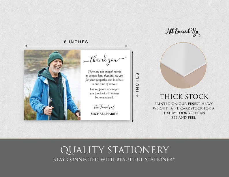May include: A thank you card featuring a photograph of a man wearing a blue jacket and a black hat. The card is printed on thick cardstock and measures 15.24 cm by 10.16 cm. The text on the card reads "Thank you. There are not enough words to express how thankful we are for your sympathy and kindness in our time of sorrow. The support and comfort you provided will always be remembered. The family of Michael Harris."
