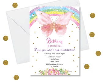 DIY Editable Invitation - RAINBOW Butterfly Birthday Invitation, Rainbow Butterfly Invitation, Butterfly Invitations