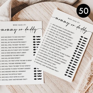 PRINTED + SHIPPED: 50 Mommy or Daddy? Who Said It Game Fun Baby Shower Game Activity, Gender Neutral Boy Girl Minimalist Heavy Card Stock B8