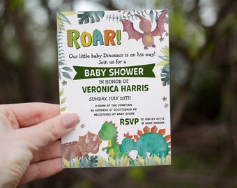 DIY Editable Dinosaur Invitation, Roar, Diaper Raffle and Books for Baby Template - Boy Baby Shower, Dinosaur Baby Shower, Coed Baby Shower