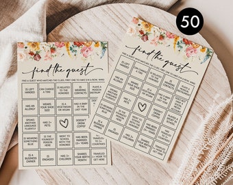 PRINTED + SHIPPED: 50 Find The Guest Bingo Game Cards, Wildflower, Fun Baby Shower, Bridal Shower, Wedding, Birthday, Icebreaker Guest R7