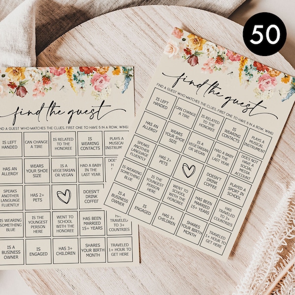 PRINTED + SHIPPED: 50 Find The Guest Bingo Game Cards, Wildflower, Fun Baby Shower, Bridal Shower, Wedding, Birthday, Icebreaker Guest R7