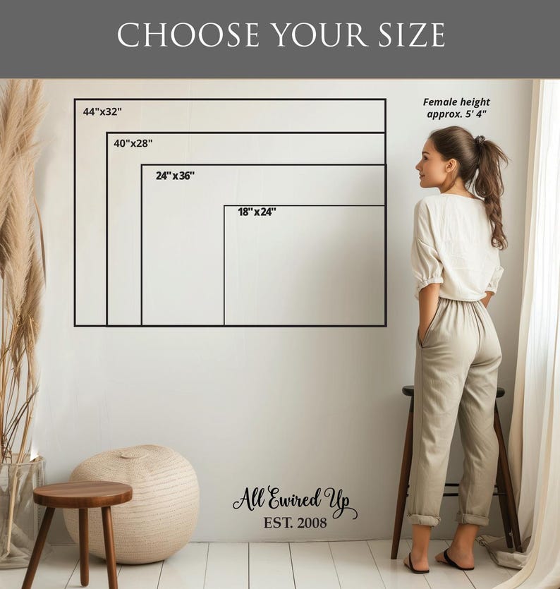 May include: Image showing four rectangular frames with dimensions: 44"x32", 40"x28", 24"x36", and 18"x24". The text "CHOOSE YOUR SIZE" is at the top. A woman stands near the frames. The text "All Ewired Up EST. 2008" is at the bottom.