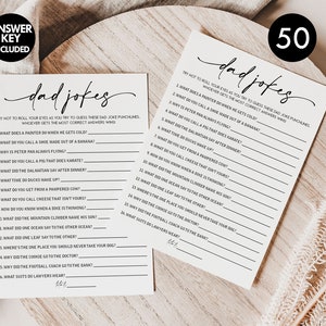 May include: A printable game card with 50 dad jokes. The card is white with black text. The title of the game is "Dad Jokes". The game instructions are "Try not to roll your eyes as you try to guess these dad joke punchlines. Whoever gets the most correct answers wins."