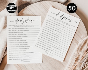 May include: A printable game card with 50 dad jokes. The card is white with black text. The title of the game is "Dad Jokes". The game instructions are "Try not to roll your eyes as you try to guess these dad joke punchlines. Whoever gets the most correct answers wins."