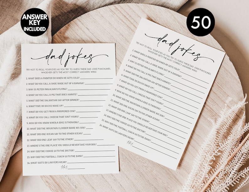 May include: A printable game card with 50 dad jokes. The card is white with black text. The title of the game is "Dad Jokes". The game instructions are "Try not to roll your eyes as you try to guess these dad joke punchlines. Whoever gets the most correct answers wins."