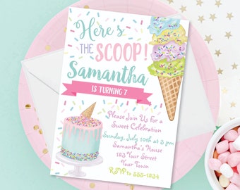 DIY Editable Ice Cream Birthday Party Invitation Template - Ice Cream Cone Cake Birthday Watercolor Invite, Any Occasion Corjl Paperess Post