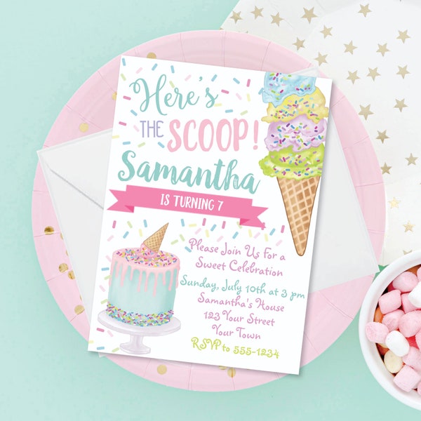 DIY Editable Ice Cream Birthday Party Invitation Template - Ice Cream Cone Cake Birthday Watercolor Invite, Any Occasion Corjl Paperess Post