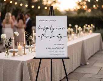 Cartello di benvenuto moderno e minimalista per la festa "E vissero per sempre felici e contenti" / PDF stampabile personalizzabile / Cartello personalizzato per la celebrazione del matrimonio