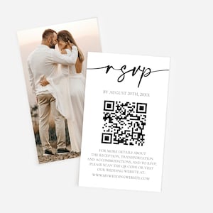 May include: A black and white QR code with the text "RSVP by August 20th, 20XX" and instructions to scan the code or visit the wedding website for more details about the reception, transportation, and accommodations.