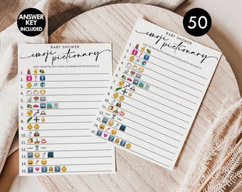 PRINTED + SHIPPED: 50 Baby Shower Emoji Pictionary (50-Cards) Fun Baby Shower Game Activity, Gender Neutral Boy or Girl Minimalist Script B8