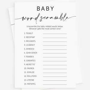 以下が含まれることがあります： 白いベビーシャワーゲームカード。黒い筆記体で「BABY word scramble」と書かれています。カードには、赤ちゃんに関連する言葉が並べられ、答えを書くための線があります。「Unscramble the baby related words below. Whoever gets the most correct wins!」というテキストも含まれています。