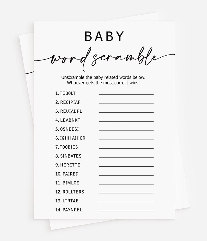 以下が含まれることがあります： 白いベビーシャワーゲームカード。黒い筆記体で「BABY word scramble」と書かれています。カードには、赤ちゃんに関連する言葉が並べられ、答えを書くための線があります。「Unscramble the baby related words below. Whoever gets the most correct wins!」というテキストも含まれています。