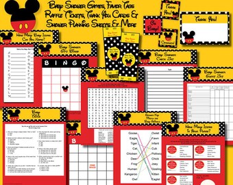 INSTANT DOWNLOAD Mickey Mouse Boy Neutral Baby Shower Printable Supplies VALUE Game Pack Favor Tags Raffle Tickets Thank You Cards
