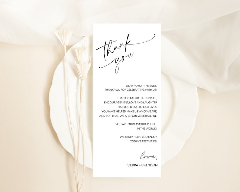 May include: A simple, elegant thank you card with a handwritten script font. The card reads "Thank you" in a large script font at the top and includes a message of gratitude to family and friends for their support and encouragement. The card is signed "love, Sierra + Brandon".