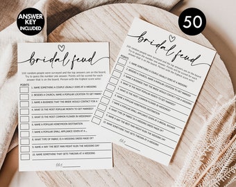 PRINTED + SHIPPED: 50 Bridal Family Feud (50-Cards) Fun Shower Game Activity, Wedding, Engagement Party Rehearsal Minimalist Script B8
