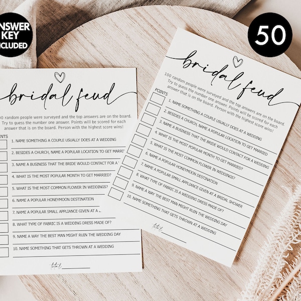 IMPRESO + ENVÍO: 50 cartas de "Family Feud" para despedidas de soltera. Juego divertido para bodas, fiestas de compromiso y ensayos. Diseño minimalista. Formato B8.