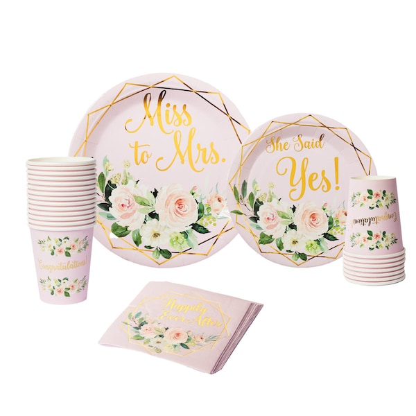 Gold Foil Miss To Mrs Party Supplies Tableware Set 24 9" Dinner Plates 24 7" Dessert Plate 24 9 Oz Cups 24 Lunch Napkins Gold Bridal Shower