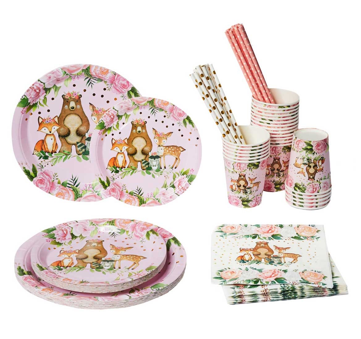 Gold Foil Girl Woodland Party Supplies 24 Guests Dinner Plates Dessert Plates Cups Gold Straws Napkins for Baby Shower
