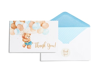 50 Teddy Bear Boy Thank You Cards for Baby Shower with Designed Envelope and Matching Seals Bearly Can Wait, Boy Birthday, Boxed Set