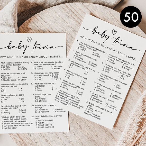 PRINTED + SHIPPED: 50 Baby Trivia Game Cards (50-Cards) Fun Baby Shower Game Activity Gender Neutral Boy Girl Minimalist Heavy Card Stock B8