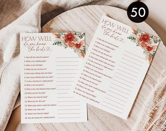 Autumn Floral Bridal Shower Game: How Well Do You Know The Bride, 50 Cards